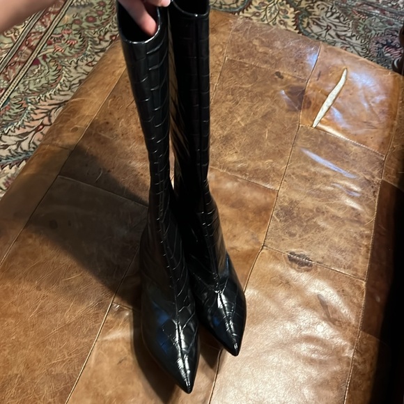 SCHUTZ Maryana Low Heel Black Croc-Embossed Heeled Boots - Picture 11 of 11